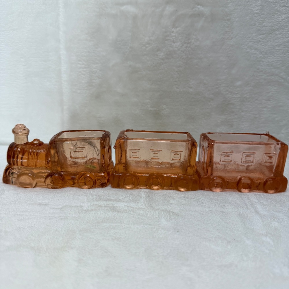 VTG Reproduction Depression Glass Pink Train 3 Piece Planter Trinket Dish NOB